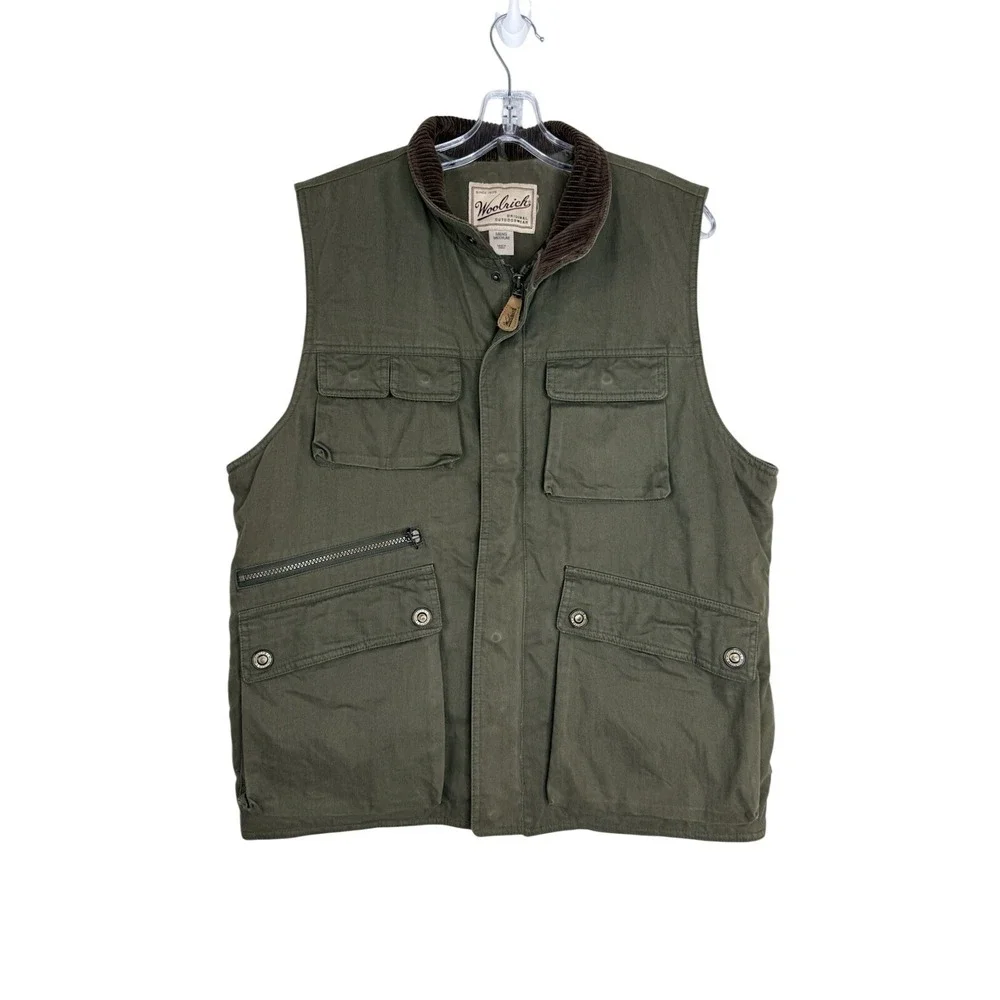 Woolrich Mens M Moss Green Plaid Flannel Lined Insulated Corduroy Collar Vest
